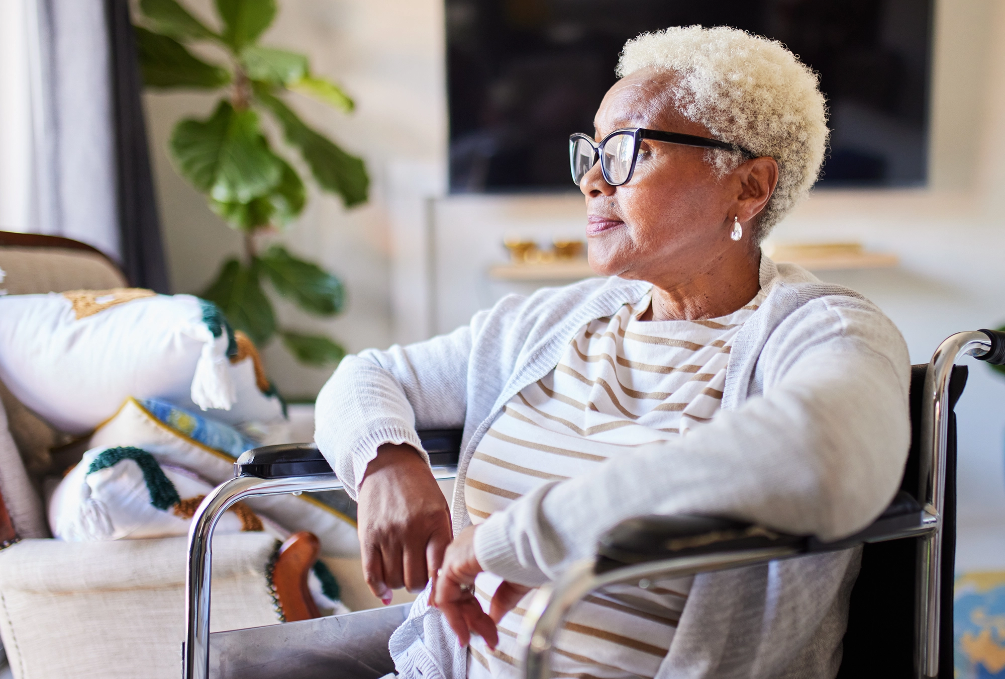 woman sitting in a retirement home